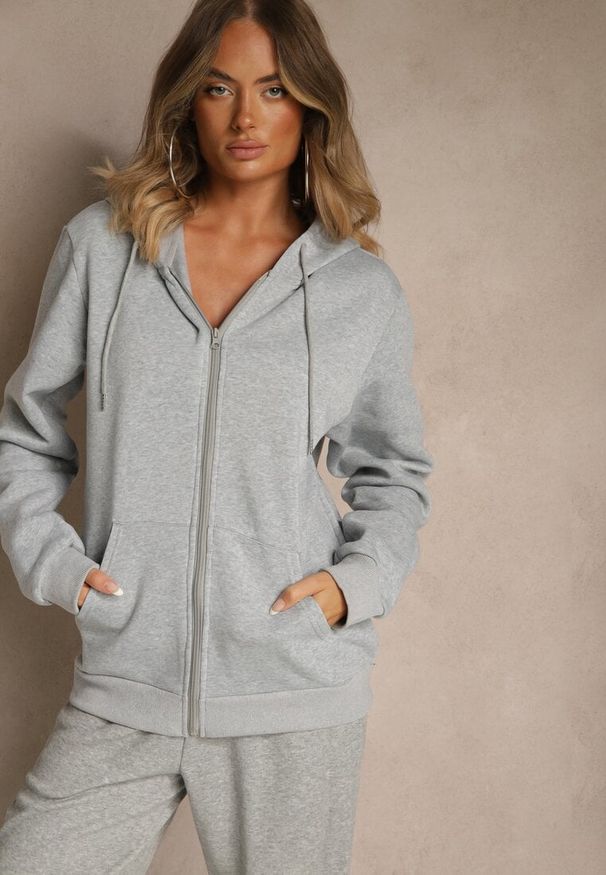 Renee - Szara Bluza Rozpinana z Kapturem z Bawełną Ozdobiona Sznurkami Odiola. Okazja: na co dzień. Typ kołnierza: kaptur. Kolor: szary. Materiał: bawełna. Wzór: aplikacja. Styl: sportowy, casual