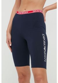 Emporio Armani Underwear szorty damskie kolor granatowy z nadrukiem medium waist. Kolor: niebieski. Materiał: materiał. Wzór: nadruk