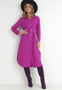 Born2be - Fioletowa Sukienka Koszulowa z Paskiem Alik. Kolor: fioletowy. Materiał: tkanina, materiał. Długość rękawa: długi rękaw. Wzór: jednolity, gładki. Typ sukienki: koszulowe. Długość: midi #5