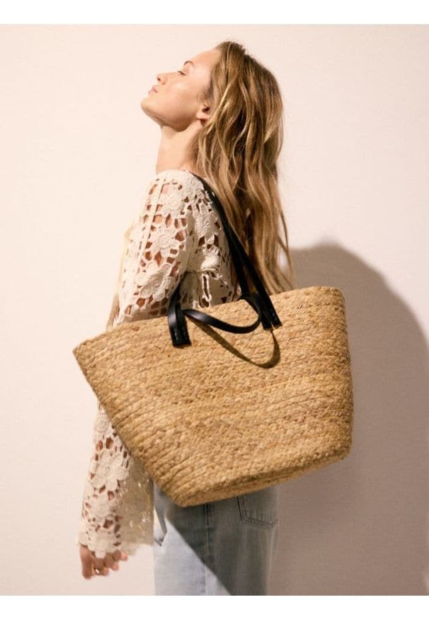 Reserved - Pleciona torebka shopper - czarny. Kolor: czarny