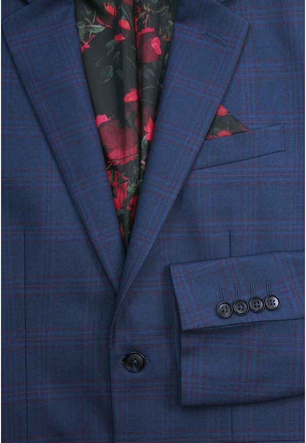 Victorio - Garnitur Elegancki SLIM, Granatowy w Kratkę Zapinany na Dwa Guziki, Spodnie w Kant -VICTORIO. Kolor: niebieski. Materiał: wiskoza, poliester, elastan. Wzór: kratka