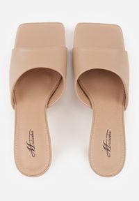 Renee - Ciemnobeżowe Klapki na Szpilce z Kwadratowym Noskiem Peep Toe Avenata. Okazja: na co dzień, na randkę. Nosek buta: otwarty. Kolor: beżowy. Materiał: jeans, skóra, koronka. Obcas: na szpilce. Styl: casual #2