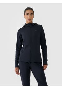4f - 4F Bluza treningowa slim szybkoschnąca damska - czarna XXL. Typ kołnierza: kaptur, kołnierzyk stójkowy. Kolor: czarny. Materiał: dzianina, włókno, syntetyk, jersey, materiał, elastan. Długość rękawa: raglanowy rękaw. Wzór: gładki, ze splotem, jednolity. Styl: sportowy. Sport: fitness
