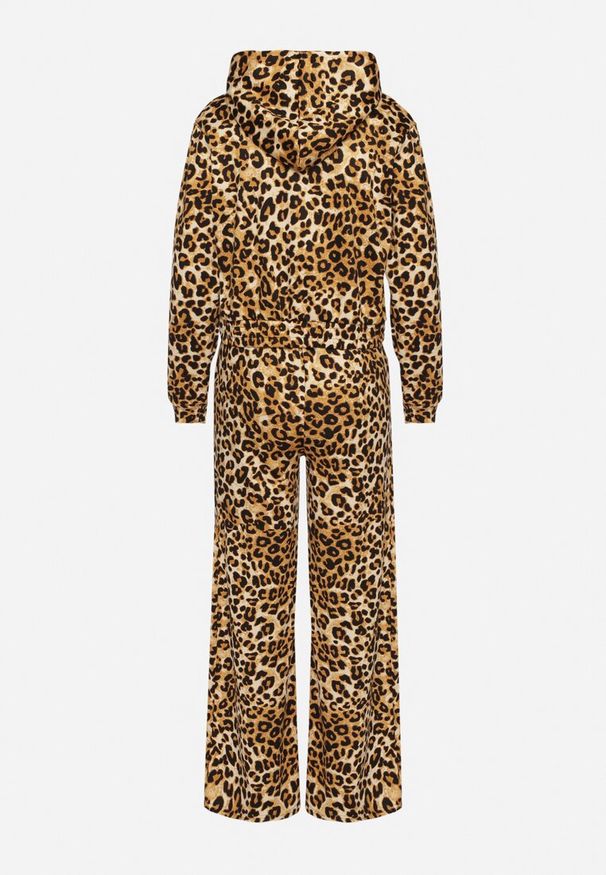 Born2be - Jasnobrązowy Komplet Dresowy w Panterkę Bluza z Kapturem i Szerokie Spodnie Virhiris. Kolor: brązowy. Materiał: dresówka. Wzór: motyw zwierzęcy