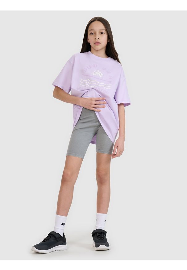 4f - 4F Legginsy kolarki z efektem acid wash dziewczęce - szare 158 (12-13 lat). Okazja: na co dzień. Stan: podwyższony. Kolor: szary. Materiał: dzianina, materiał, bawełna, jersey. Długość: krótkie. Wzór: gładki, ze splotem. Sezon: lato. Styl: sportowy, casual