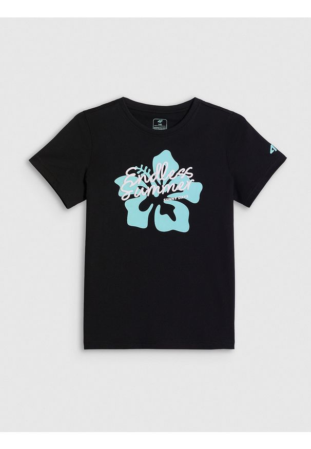 4f - 4F T-shirt regular z nadrukiem dziewczęcy - czarny 158 (12-13 lat). Okazja: na co dzień. Kolor: czarny. Materiał: bawełna, dzianina. Wzór: nadruk. Sezon: lato. Styl: casual