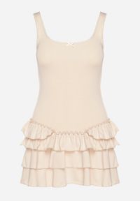 Born2be - Beżowa Sukienka z Wiskozą Ozdobiona Falbankami Ovinia. Okazja: na co dzień. Typ kołnierza: kołnierz z falbankami. Kolor: beżowy. Materiał: wiskoza. Długość rękawa: na ramiączkach. Wzór: aplikacja. Styl: casual #4