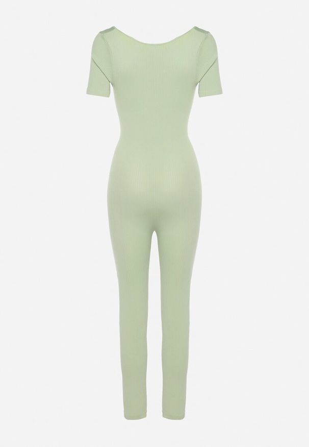 Born2be - Jasnozielony Długi Kombinezon Bodycon z Prążkowanej Dzianiny Selagia. Okazja: na co dzień. Kolor: zielony. Materiał: prążkowany, dzianina. Długość: długie. Styl: casual