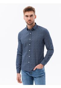 Ombre Clothing - Bawełniana koszula męska z mikro printem paisley REGULAR FIT - granatowa V2. Kolor: niebieski. Materiał: bawełna. Wzór: nadruk, paisley