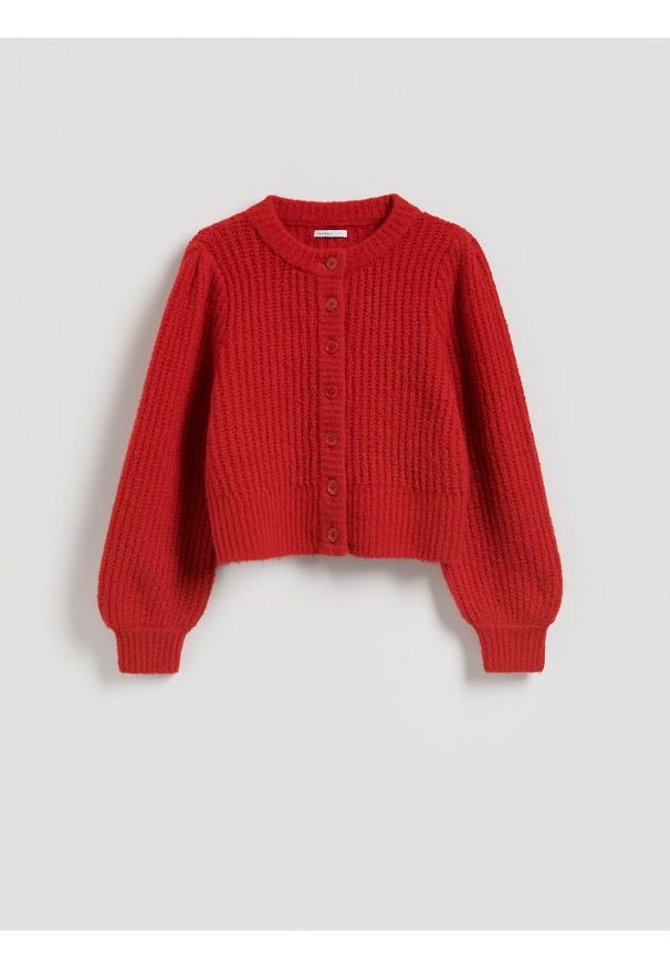 Reserved - Kardigan z bufiastymi rękawami - czerwony. Kolor: czerwony. Materiał: dzianina, wełna