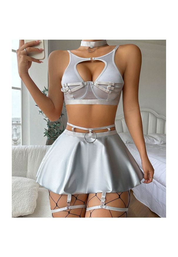 Intica - Komplet damski z baskinką elegancki na imprezę Emmye. Kolor: szary. Materiał: materiał