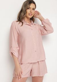 Born2be - Różowy Komplet z Wiskozy Koszula z Długim Rękawem i Szorty z Gumką w Pasie Efralice. Kolor: różowy. Materiał: wiskoza #7