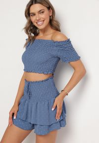 Born2be - Niebieski Komplet Top w Stylu Hiszpanki i Spódnico-Szorty z Gumką Quillatta. Kolor: niebieski. Materiał: tkanina #7