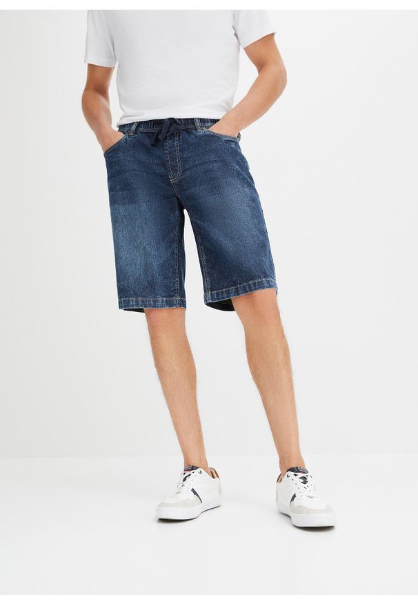 bonprix - Bermudy z gumką w talii ze stretchem, slim fit. Kolor: niebieski. Materiał: denim