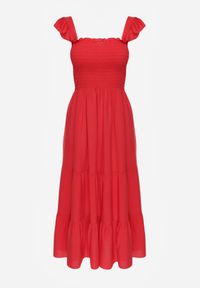 Renee - Czerwona Sukienka z Bawełny na Ramiączkach Ozdobiona Falbanami i Gumkami Mevalys. Okazja: na co dzień. Kolor: czerwony. Materiał: bawełna. Długość rękawa: na ramiączkach. Wzór: aplikacja. Typ sukienki: rozkloszowane. Styl: casual, elegancki #3