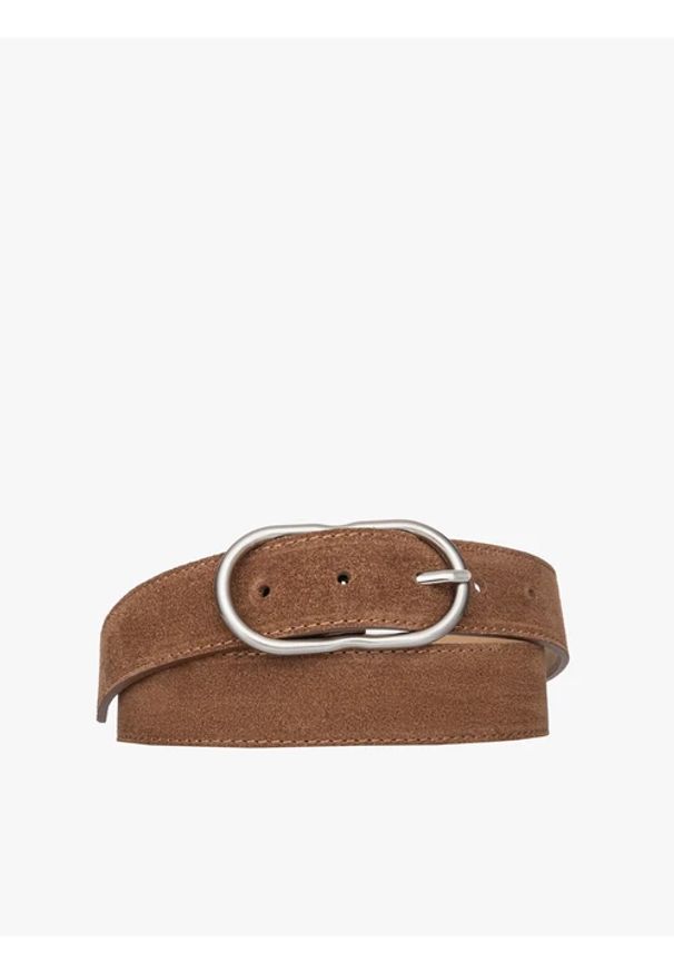 Ryłko - Rudy welurowy pasek damski ze srebrną klamrą. Kolor: brązowy. Materiał: skóra