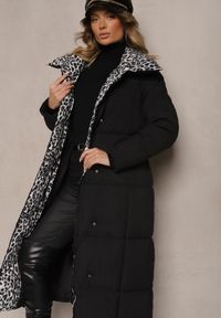 Renee - Czarno-Szara Długa Kurtka z Pikowanymi Przeszyciami i Kołnierzem w Panterkę Wiązana w Talii Tilfezi. Okazja: na co dzień. Kolor: czarny. Materiał: jeans, skóra. Długość: długie. Wzór: motyw zwierzęcy. Styl: klasyczny, elegancki, casual #4