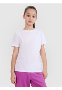 4f - 4F T-shirt regular gładki dziewczęcy - biały 128 (7-8 lat). Okazja: na co dzień. Kolor: biały. Materiał: jersey, dzianina, bawełna. Długość rękawa: krótki rękaw. Długość: krótkie. Wzór: gładki. Sezon: lato. Styl: casual, sportowy, klasyczny #1