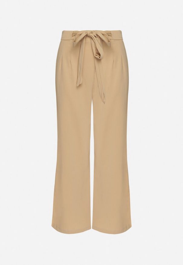 Born2be - Ciemnobeżowe Spodnie Szerokie z Wiązaniem w Pasie Paper Bag Tisallas. Kolor: beżowy. Styl: elegancki