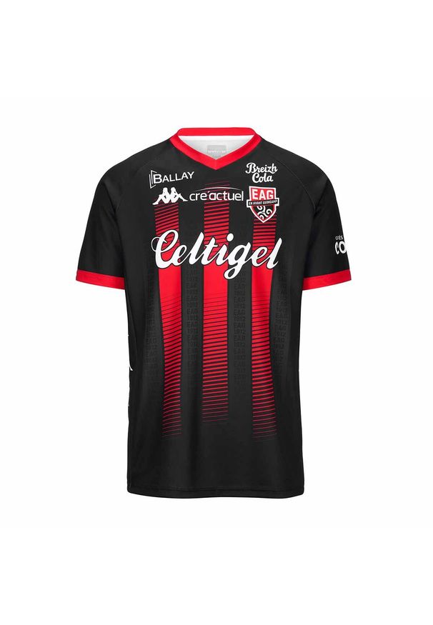 Kappa - Trzeci strój dziecięcy EA Guingamp Guillo 2024/25. Kolor: czerwony, czarny, wielokolorowy. Sport: piłka nożna
