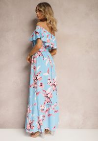 Renee - Niebieska Kwiecista Sukienka Typu Hiszpanka z Gumką w Talii i Materiałowym Paskiem Pori. Typ kołnierza: dekolt hiszpanka. Kolor: niebieski. Materiał: materiał. Sezon: lato. Styl: elegancki #3