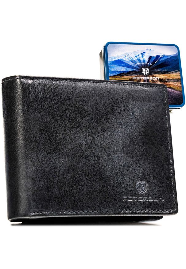 Duży portfel męski ze skóry naturalnej w czarnym kolorze wyposażony w system RFID - Peterson. Kolor: czarny. Materiał: skóra