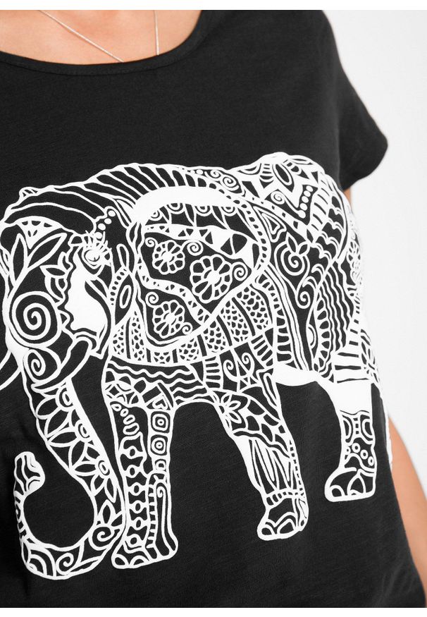 bonprix - Shirt bawełniany z nadrukiem z przodu, krótki rękaw. Kolor: czarny. Materiał: bawełna. Długość rękawa: krótki rękaw. Długość: krótkie. Wzór: nadruk