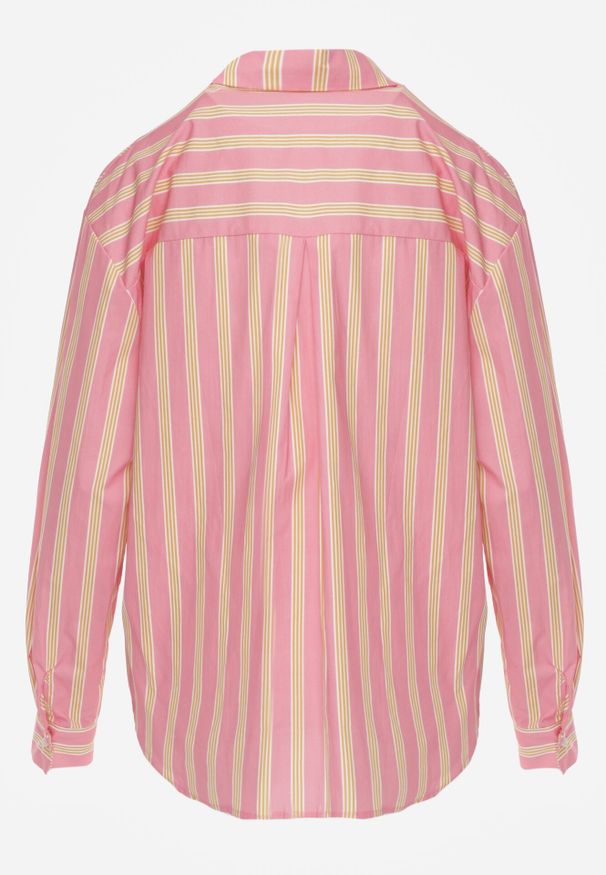 Born2be - Różowa Bawełniana Koszula o Kroju Oversize Ozdobiona Pionowymi Paskami Ulialia. Okazja: na co dzień. Kolor: różowy. Materiał: bawełna. Wzór: aplikacja. Styl: casual, klasyczny