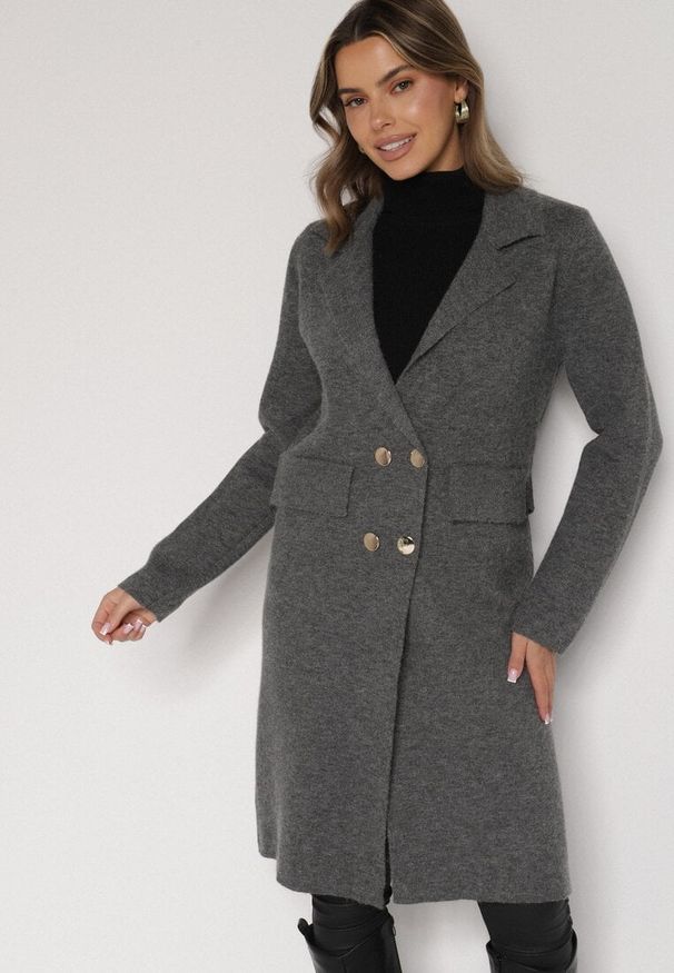Born2be - Szary Elegancki Długi Płaszcz Dwurzędowy Oritusa. Okazja: na co dzień, na spacer. Kolor: szary. Materiał: jeans. Długość: długie. Styl: elegancki