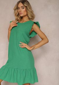 Renee - Zielona Sukienka o Rozkloszowanym Kroju z Krótkim Rękawem i Falbankami Lavolia. Okazja: na co dzień. Typ kołnierza: kołnierz z falbankami. Kolor: zielony. Długość rękawa: krótki rękaw. Wzór: aplikacja. Styl: casual, elegancki, wizytowy #3