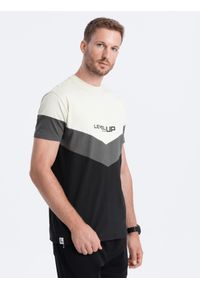 Ombre Clothing - T-shirt męski bawełniany trójkolorowy z logo - czarno-grafitowy V2 S1747 - XXL. Kolor: czarny. Materiał: bawełna. Długość rękawa: krótki rękaw. Długość: krótkie. Wzór: nadruk, geometria. Styl: klasyczny