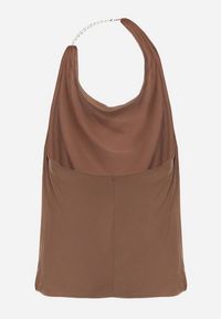 Born2be - Brązowy Elegancki Top Halter Ozdobiony Łańcuszkiem i Kwiatową Broszką Idisara. Okazja: na co dzień. Typ kołnierza: dekolt halter. Kolor: brązowy. Materiał: jeans. Wzór: aplikacja, kwiaty. Styl: elegancki #6