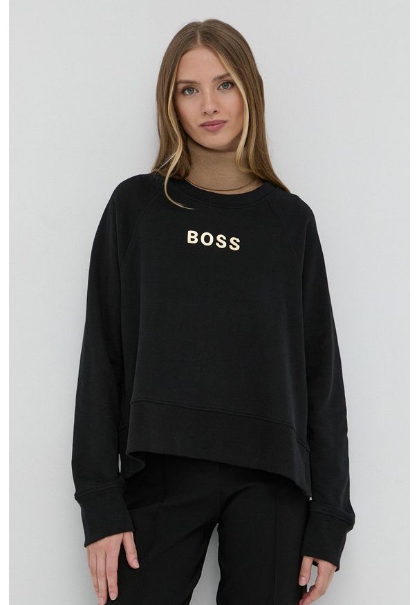 BOSS - Boss Bluza damska kolor czarny z nadrukiem. Kolor: czarny. Materiał: poliester, dzianina. Długość rękawa: długi rękaw. Długość: długie. Wzór: nadruk
