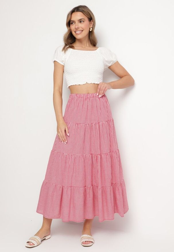 Born2be - Czerwona Bawełniana Spódnica Rozkloszowana w Kratę Stolitte. Kolor: czerwony. Materiał: bawełna. Styl: elegancki
