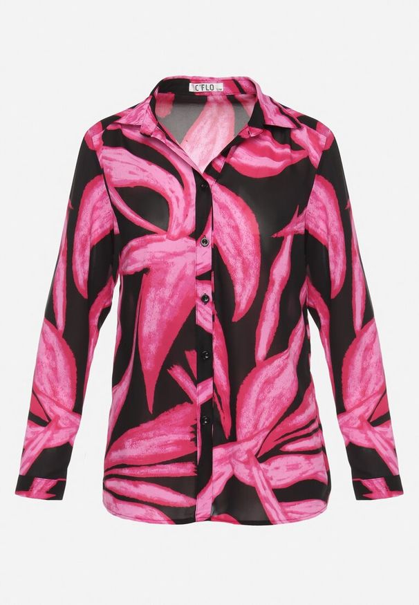 Born2be - Fuksjowo-Czarna Koszula Ozdobiona Akwarelowym Wzorem Muirella. Okazja: na co dzień. Kolor: różowy. Wzór: aplikacja. Styl: casual