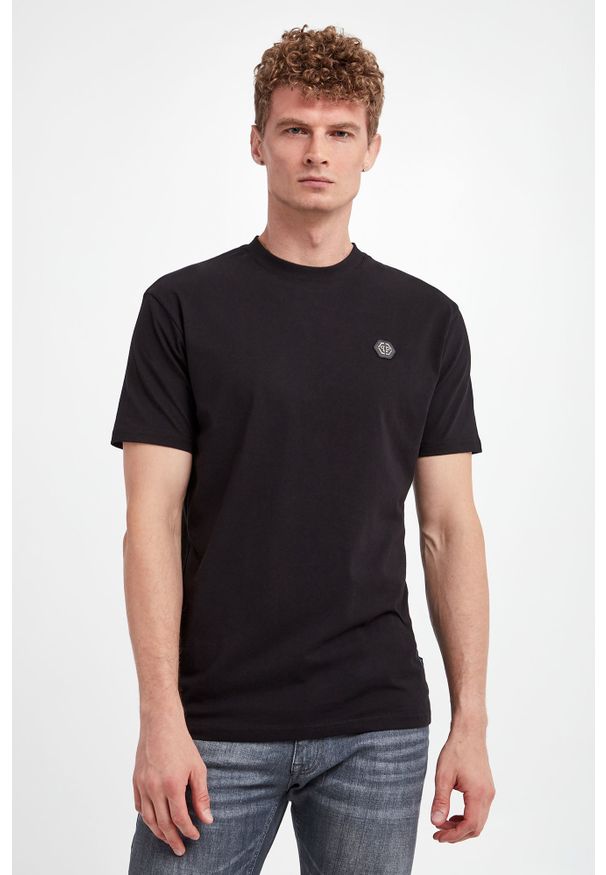 Philipp Plein - T-shirt męski PHILIPP PLEIN. Materiał: skóra, prążkowany. Wzór: aplikacja, nadruk, haft