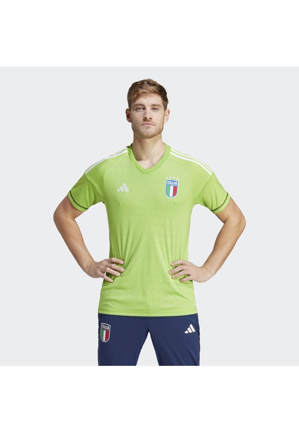 Adidas - Italy 23 Goalkeeper Jersey. Kolor: zielony. Materiał: jersey. Długość rękawa: krótki rękaw. Długość: krótkie