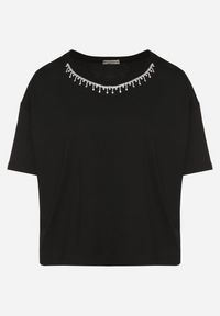 Born2be - Czarny Bawełniany T-shirt Ozdobiony Cyrkoniami Fadelis. Okazja: na co dzień, na spotkanie biznesowe. Kolor: czarny. Materiał: bawełna. Wzór: aplikacja. Styl: elegancki, biznesowy, casual #7