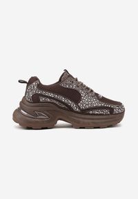Born2be - Brązowe Sneakersy na Grubej Podeszwie z Cyrkoniami Lenisse. Nosek buta: okrągły. Zapięcie: sznurówki. Kolor: brązowy. Materiał: materiał. Obcas: na obcasie. Wysokość obcasa: niski #5
