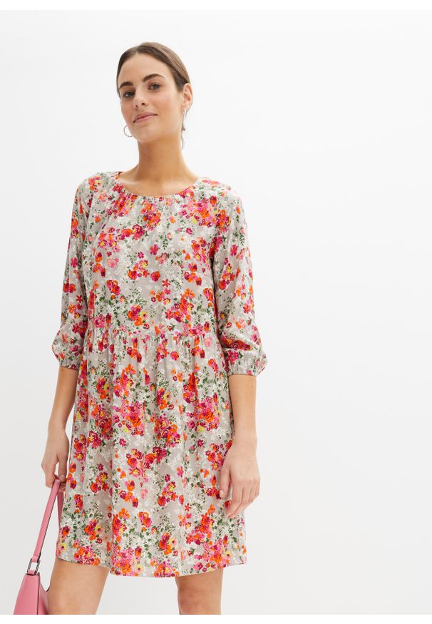 bonprix - Sukienka ze zrównoważonej wiskozy. Kolor: beżowy. Materiał: wiskoza. Wzór: kwiaty