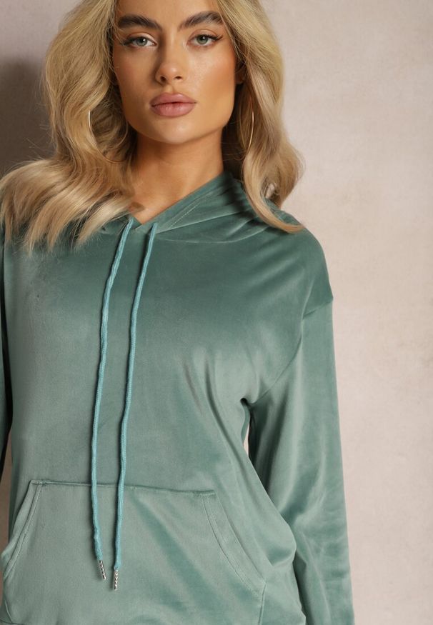 Renee - Miętowy Welurowy Komplet Dresowy Bluza z Kapturem i Spodnie Vilna. Kolor: miętowy. Materiał: dresówka, welur