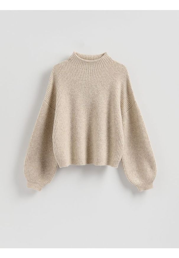 Reserved - Sweter z bufiastymi rękawami - beżowy. Kolor: beżowy. Materiał: dzianina, wełna
