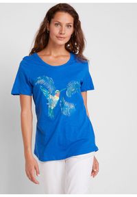 bonprix - Shirt bawełniany z nadrukiem. Kolor: niebieski. Materiał: bawełna. Wzór: nadruk #1