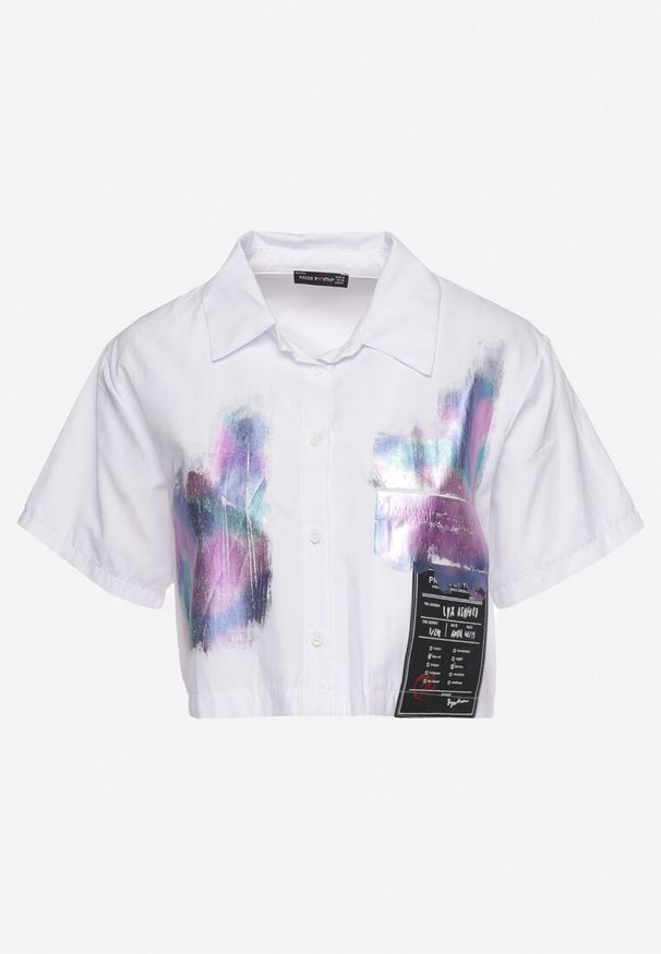 Born2be - Biała Krótka Koszula z Metalicznym Nadrukiem Efinee. Kolor: biały. Materiał: jeans. Długość rękawa: krótki rękaw. Długość: krótkie. Wzór: nadruk. Styl: elegancki