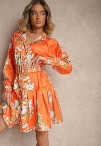 Renee - Pomarańczowa Sukienka w Kwiaty o Koszulowym Kroju z Paskiem Alanisia. Okazja: na co dzień, na spacer. Kolor: pomarańczowy. Materiał: jeans. Wzór: kwiaty. Typ sukienki: koszulowe. Styl: klasyczny, casual #5
