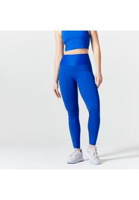 DOMYOS - Legginsy fitness damskie Domyos. Stan: podwyższony. Kolor: niebieski. Materiał: materiał, skóra. Sport: fitness #1