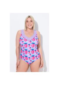 ULLA POPKEN - Damski Strój kąpielowy truskawki miękkie miseczki podszewka na całości. Kolekcja: plus size. Kolor: niebieski. Materiał: elastan, poliamid, materiał