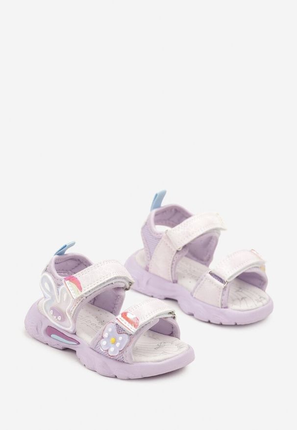 Born2be - Fioletowe Sandały z Aplikacjami 3D i Skórzaną Wkładką Fenindria. Okazja: na co dzień. Zapięcie: rzepy. Kolor: fioletowy. Materiał: skóra. Wzór: aplikacja. Sezon: lato. Styl: klasyczny, casual, elegancki