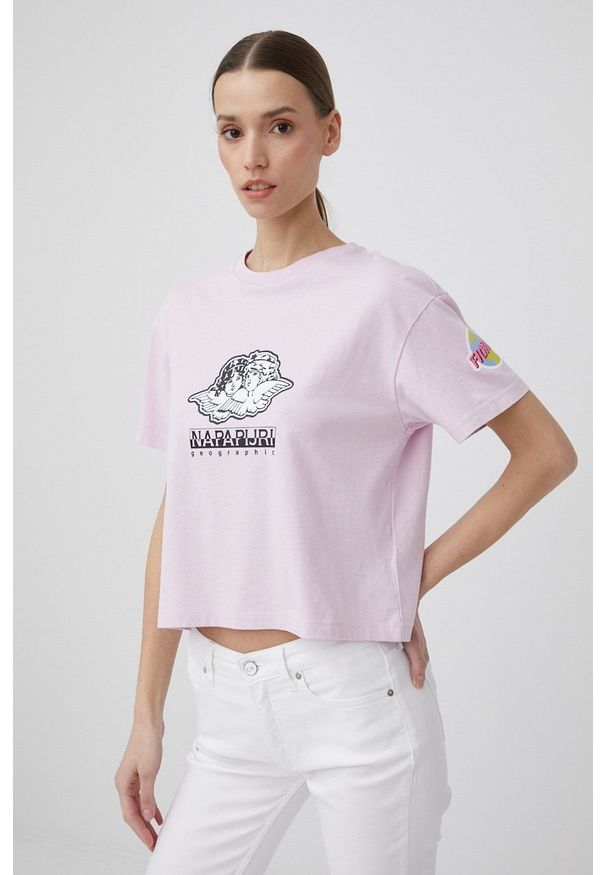 Napapijri t-shirt bawełniany Napapijri X Fiorucci kolor różowy. Kolor: różowy. Materiał: bawełna. Wzór: nadruk