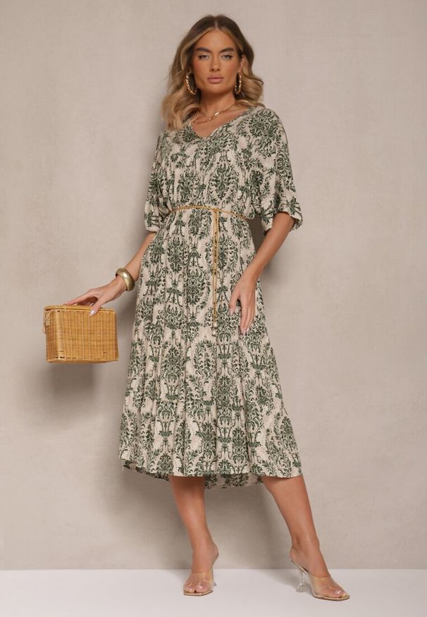 Renee - Ciemnozielona Sukienka z Bawełną i Abstrakcyjnym Motywem Filarella. Okazja: na co dzień. Kolor: zielony. Materiał: bawełna. Długość rękawa: krótki rękaw. Sezon: lato. Styl: casual, elegancki